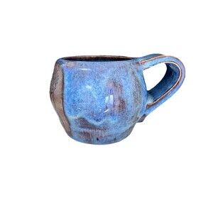 Studio Art Blue Drip Glaze Pottery Mug Artist Signed High Gloss Wide Handle